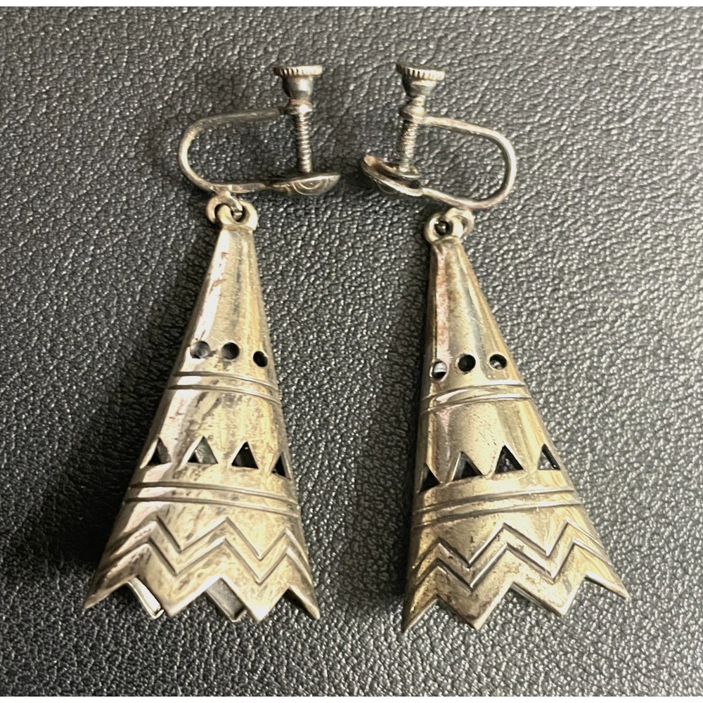 Vintage Sterling Silver Teepee Earrings Dangle Screw Back 925 Signed